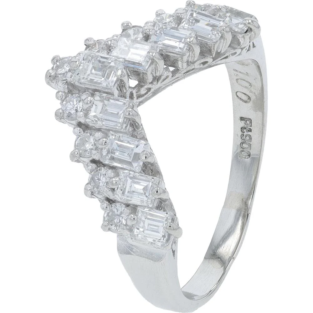 Platinum 1 Carat Diamond Chevron Band with Baguette and Round Diamonds - 1.00 Carat Total Diamond Weight