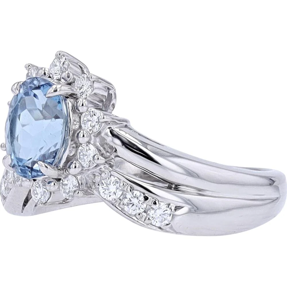 Platinum 1 Carat Oval Aquamarine Chevron Ring with 0.43 Carat Round Diamond Accents - Image 2