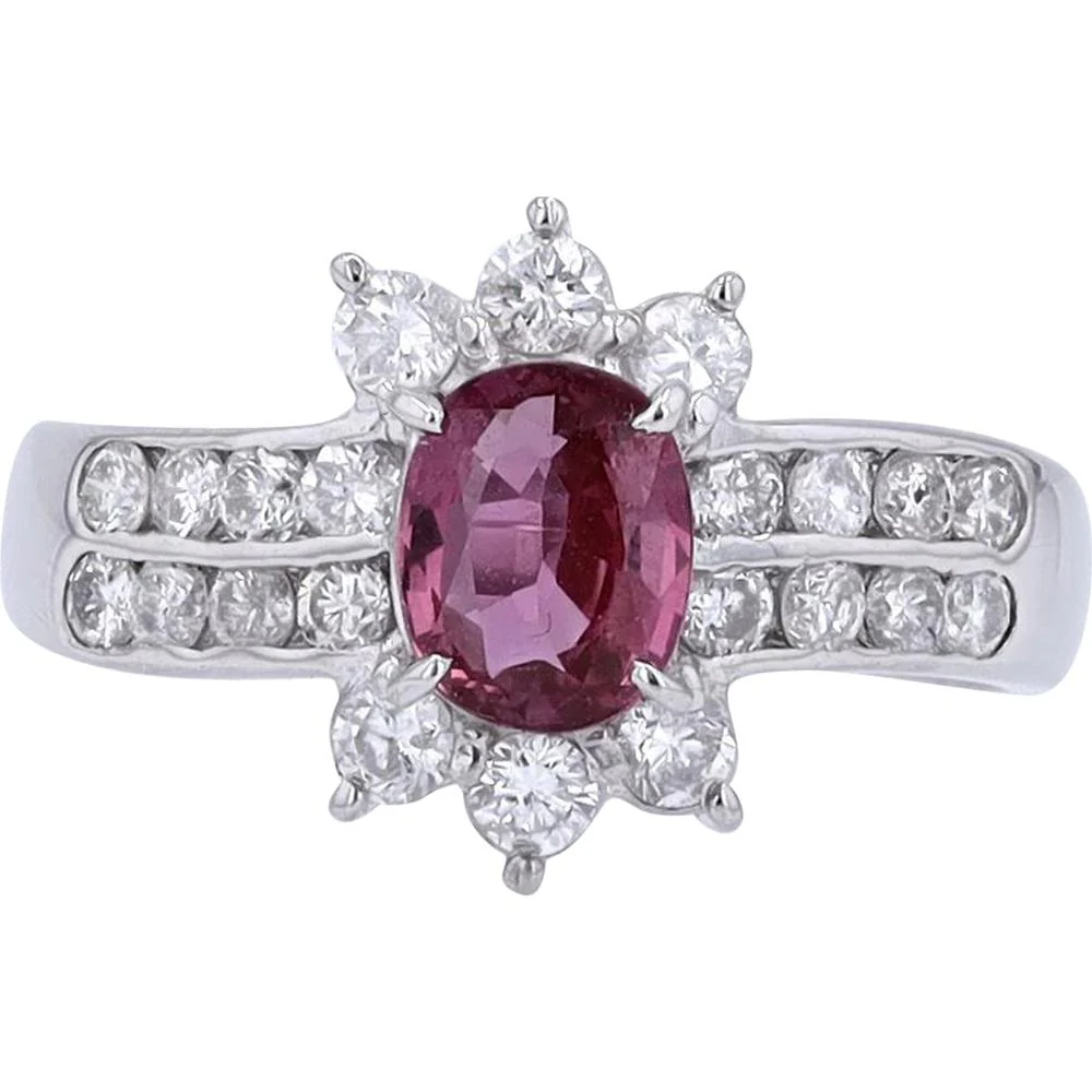 Platinum 1 Carat Ruby Center Ring with Diamond Halo - 0.71 Carat Total Diamond Weight