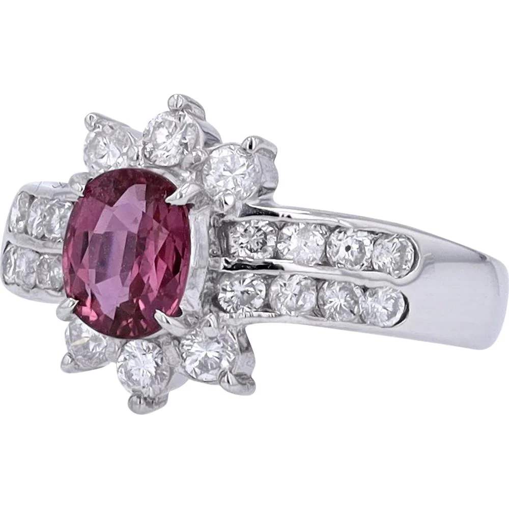 Platinum 1 Carat Ruby Center Ring with Diamond Halo - 0.71 Carat Total Diamond Weight - Image 2