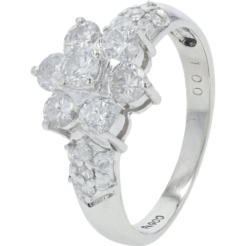 Platinum 1 Carat Total Weight Diamond Cluster Ring with Round Brilliant Diamonds