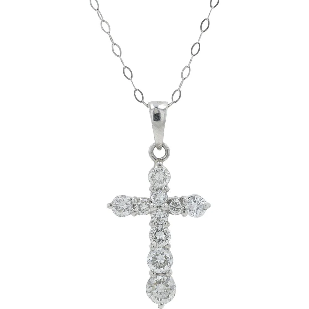 Platinum 1 Carat Total Weight Diamond Cross Pendant with Prong Set Round Diamonds - 18" Chain