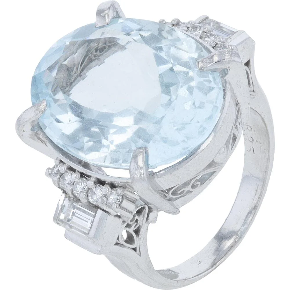 Platinum 10.78 Carat Aquamarine Cocktail Ring with Diamond Accents - 0.55 Carat Total Diamond Weight