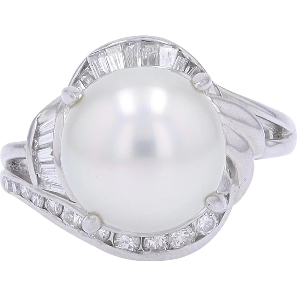 Platinum 10.95MM Pearl Ring with 0.46 Carat Total Baguette and Round Diamonds