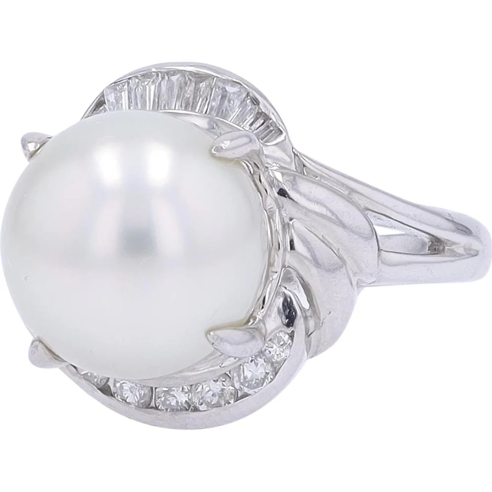 Platinum 10.95MM Pearl Ring with 0.46 Carat Total Baguette and Round Diamonds - Image 2