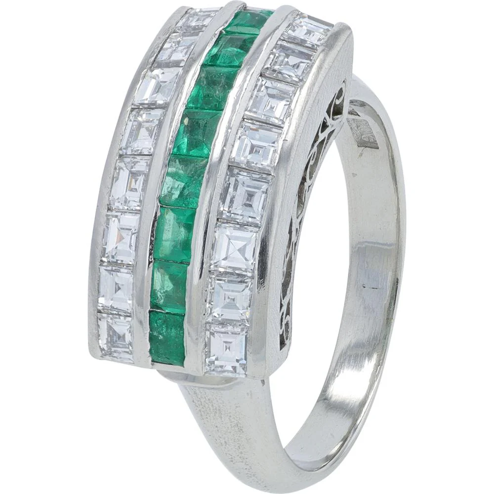 Platinum 1000 Band Ring with 0.48 Carat Channel Set Emeralds and Square - Cut Diamonds