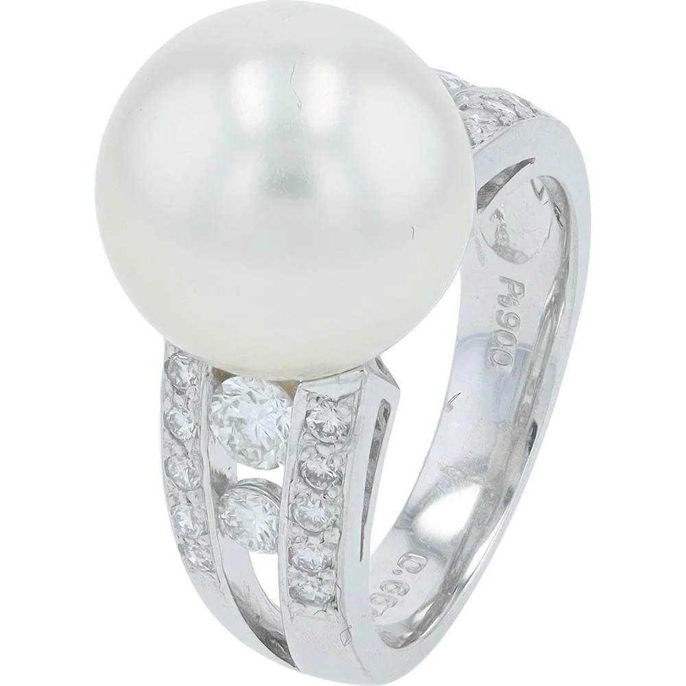 Platinum 12 - 12.5MM South Sea Pearl Ring with 0.66 Carat Round Diamond Accents