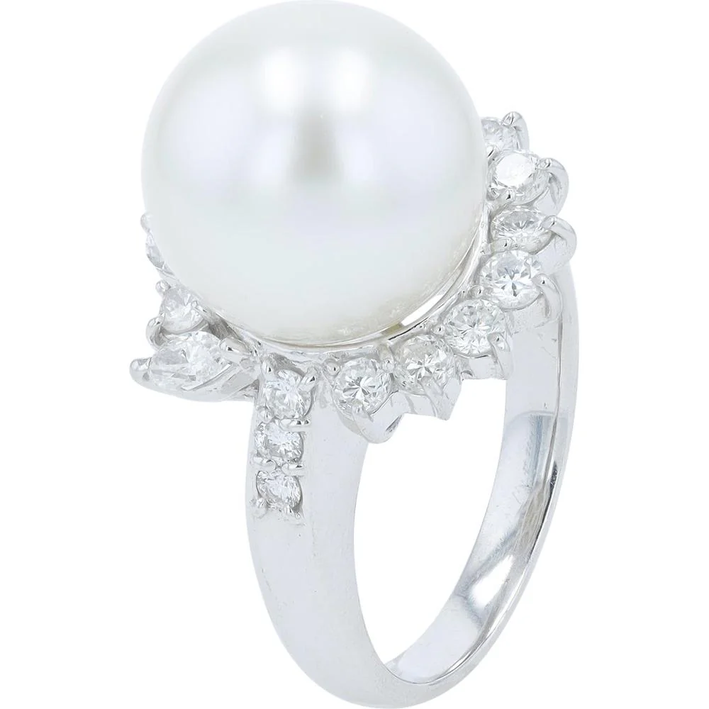 Platinum 12MM Pearl Center Ring with Diamond Halo - 0.75 Carat Total Diamond Weight