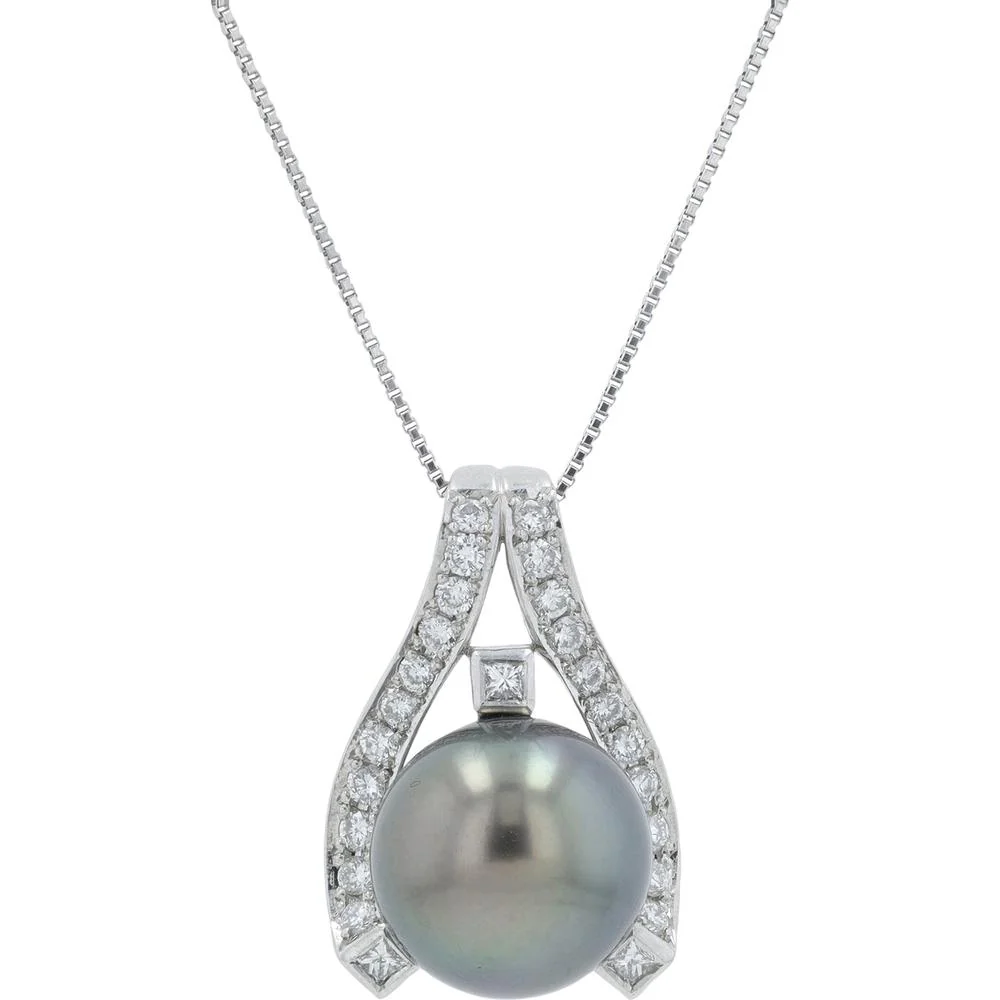 Platinum 12MM Tahitian Pearl Pendant with 0.55 Carat Total Diamond Accents on 17.5 - Inch Chain