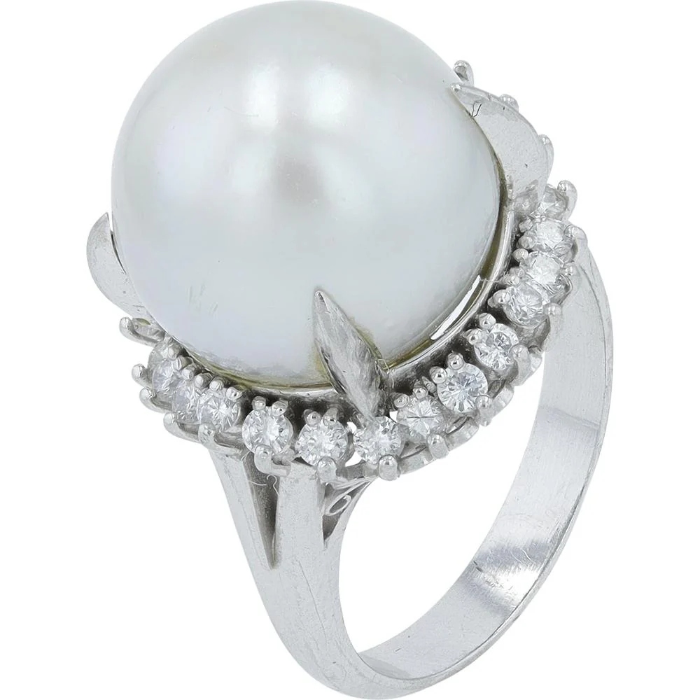 Platinum 13.6mm Pearl Ring with 0.42 Carat Total Diamond Halo