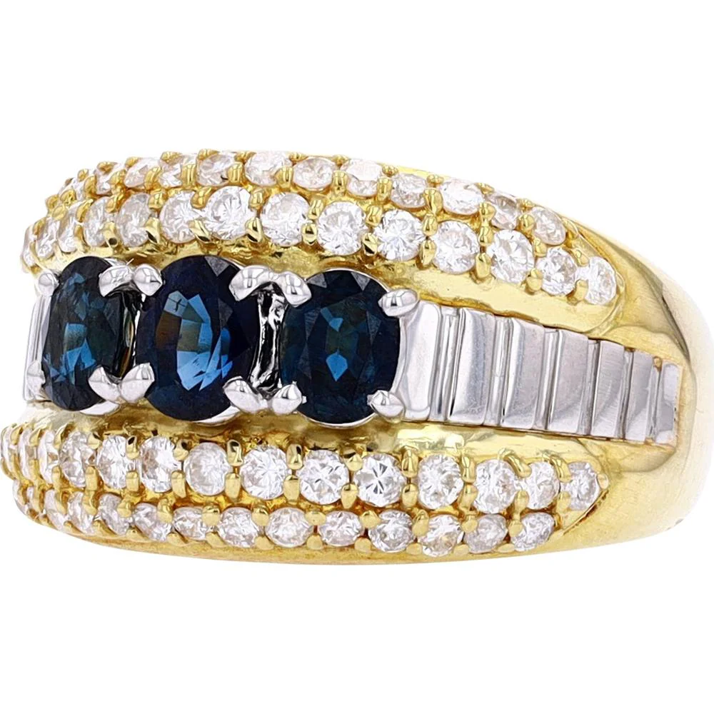 Platinum/18K Yellow Gold Three Stone Sapphire Ring with Diamond Accents - 1.26 Carat Total Sapphire Weight, 1.00 Carat Total Diamond Weight - Image 2
