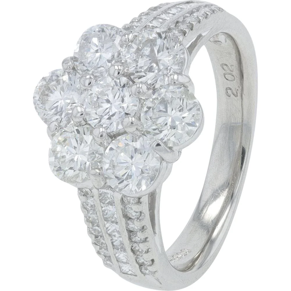 Platinum 2.02 Carat Total Weight Round Diamond Cluster Ring with Channel Set Accents
