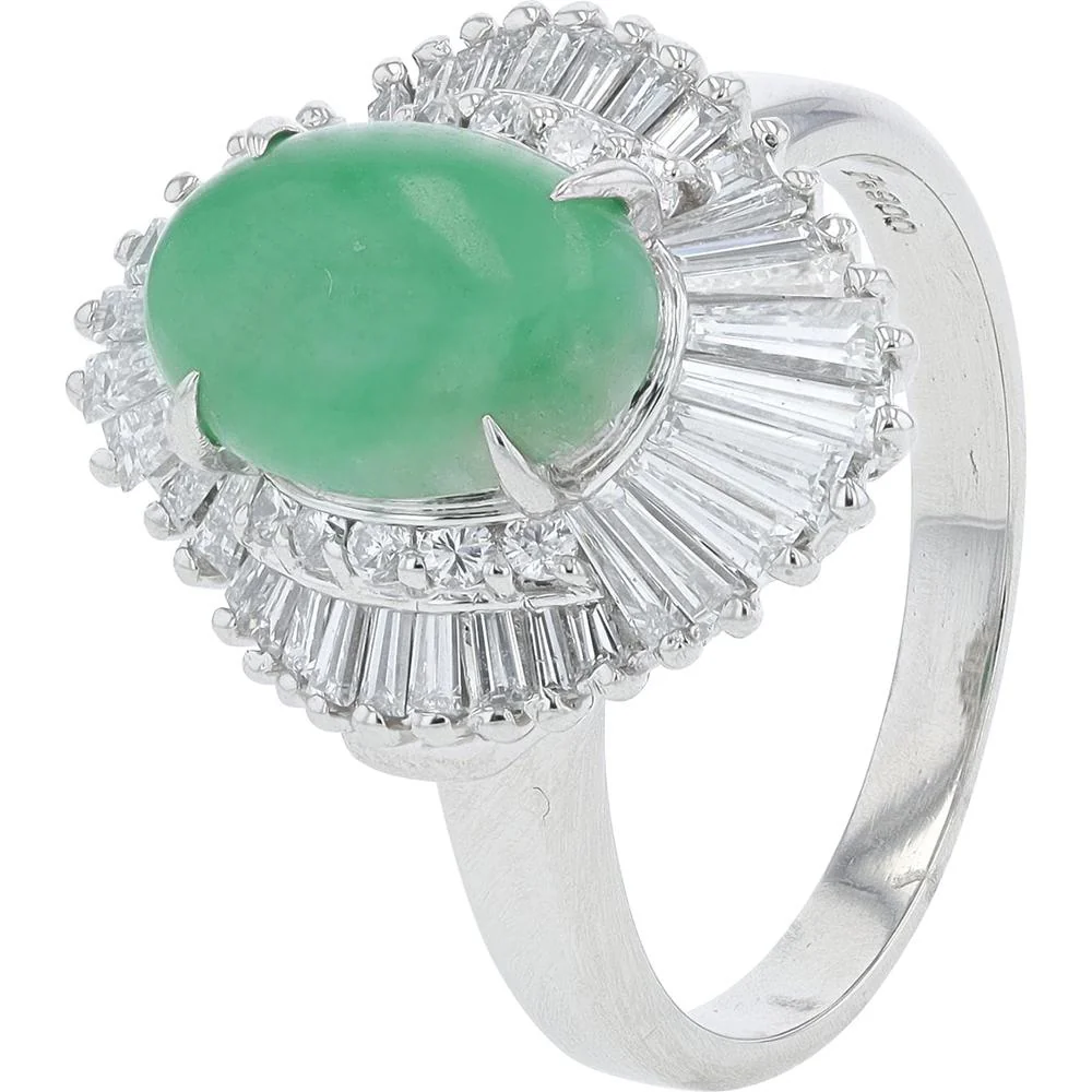 Platinum 2.03 Carat Oval Jade Ballerina Ring with 1.10 Carat Diamond Halo