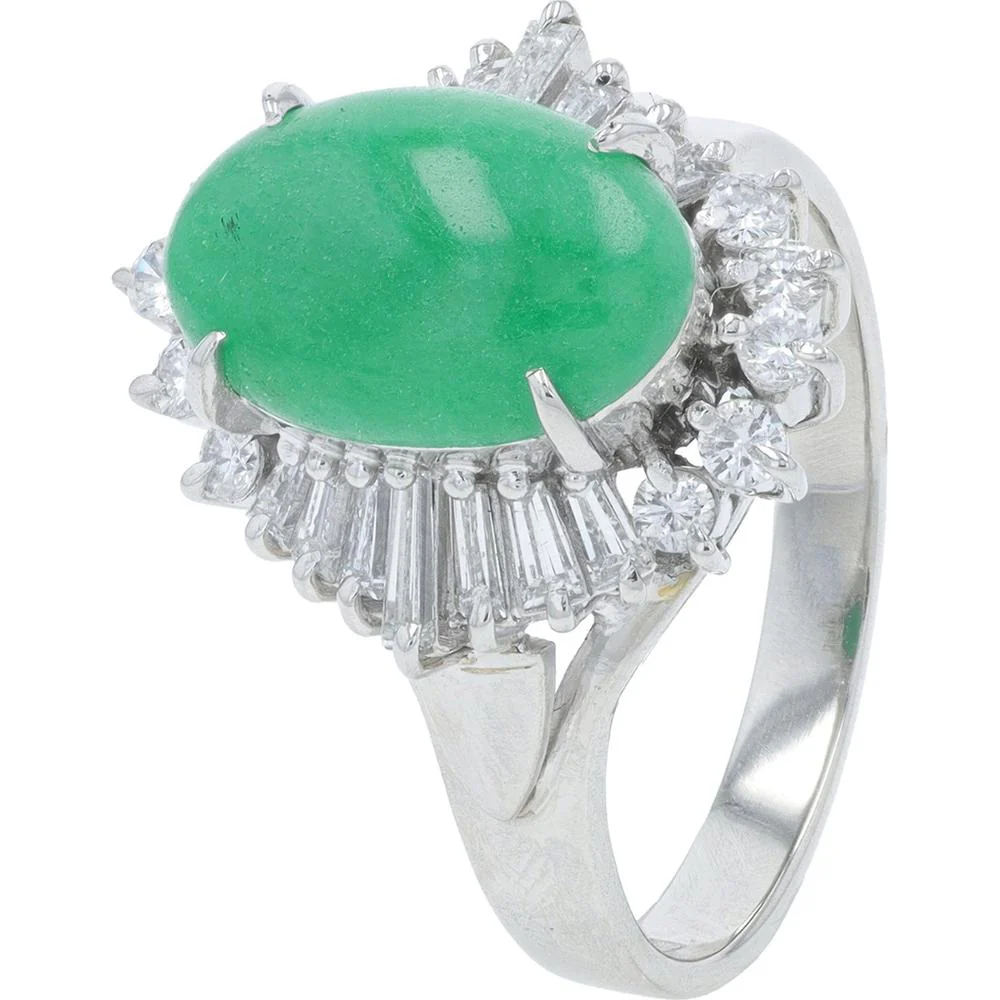 Platinum 2.33 Carat Oval Jade and Diamond Ring with Round and Baguette Diamonds - 0.54 Carat Total Diamond Weight