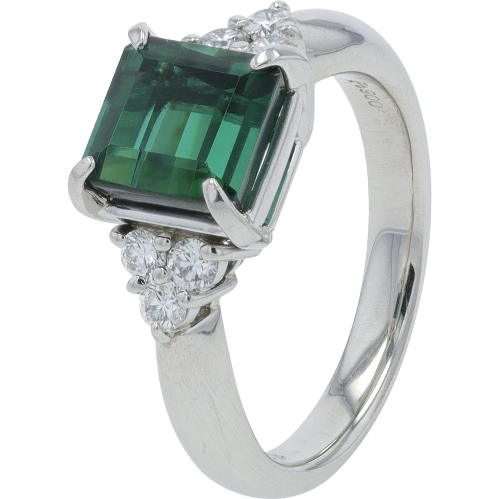 Platinum 2.33 Carat Square Cut Tourmaline Ring with 0.21 Carat Round Diamond Accents