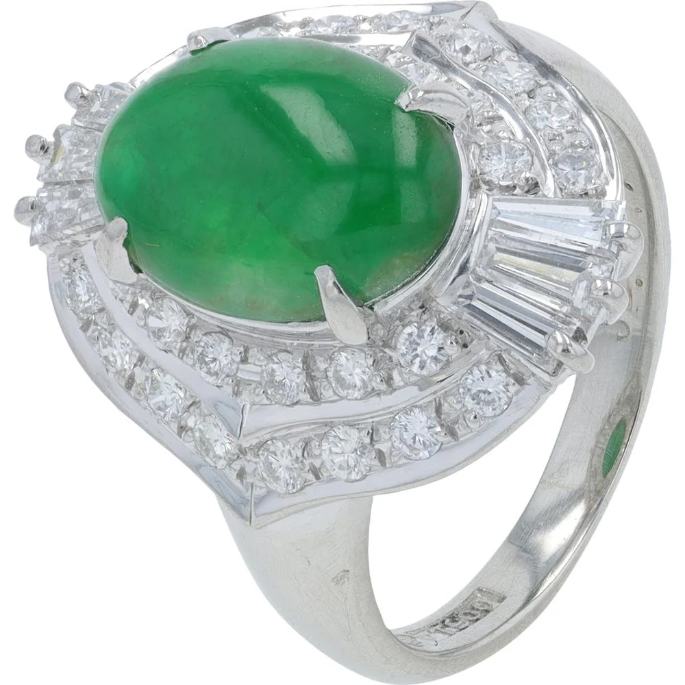 Platinum 2.39 Carat Oval Jade Ring with 0.74 Carat Diamond Halo and Baguette Accents