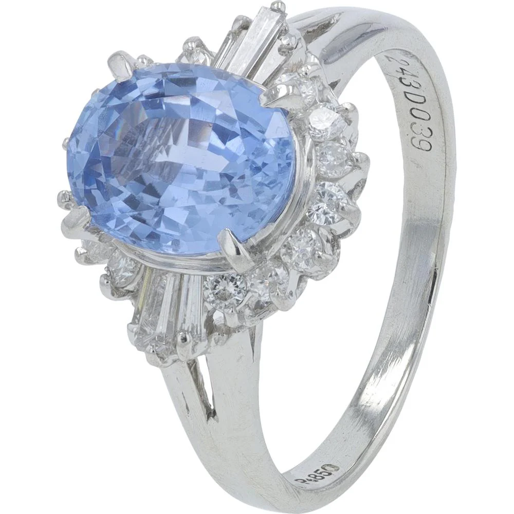 Platinum 2.43 Carat Oval Sapphire Ring with 0.39 Carat Total Diamond Halo