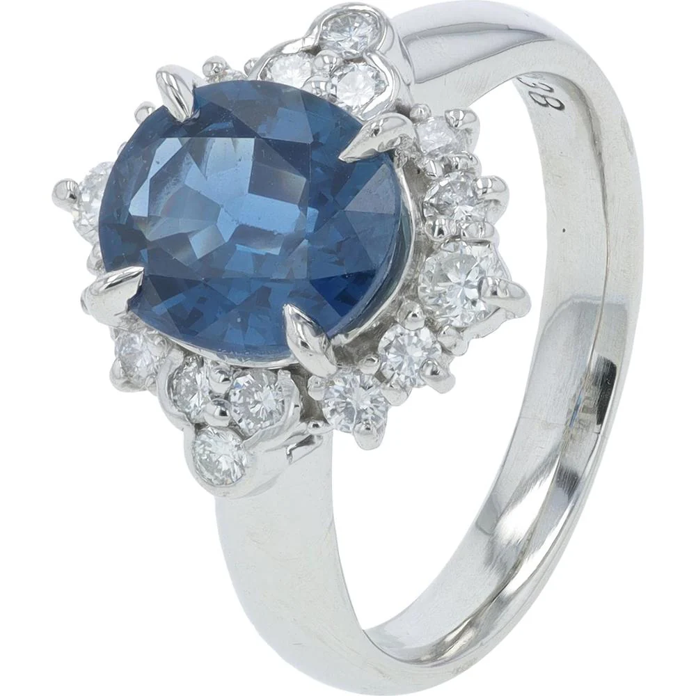 Platinum 2.45 Carat Sapphire Ring with 0.38 Carat Diamond Halo - Size 4.75