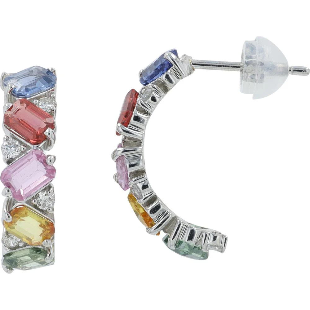 Platinum 2.54 Carat Total Weight Multi Sapphire C - Hoop Earrings with 0.20 Carat Diamond Accents - Image 2