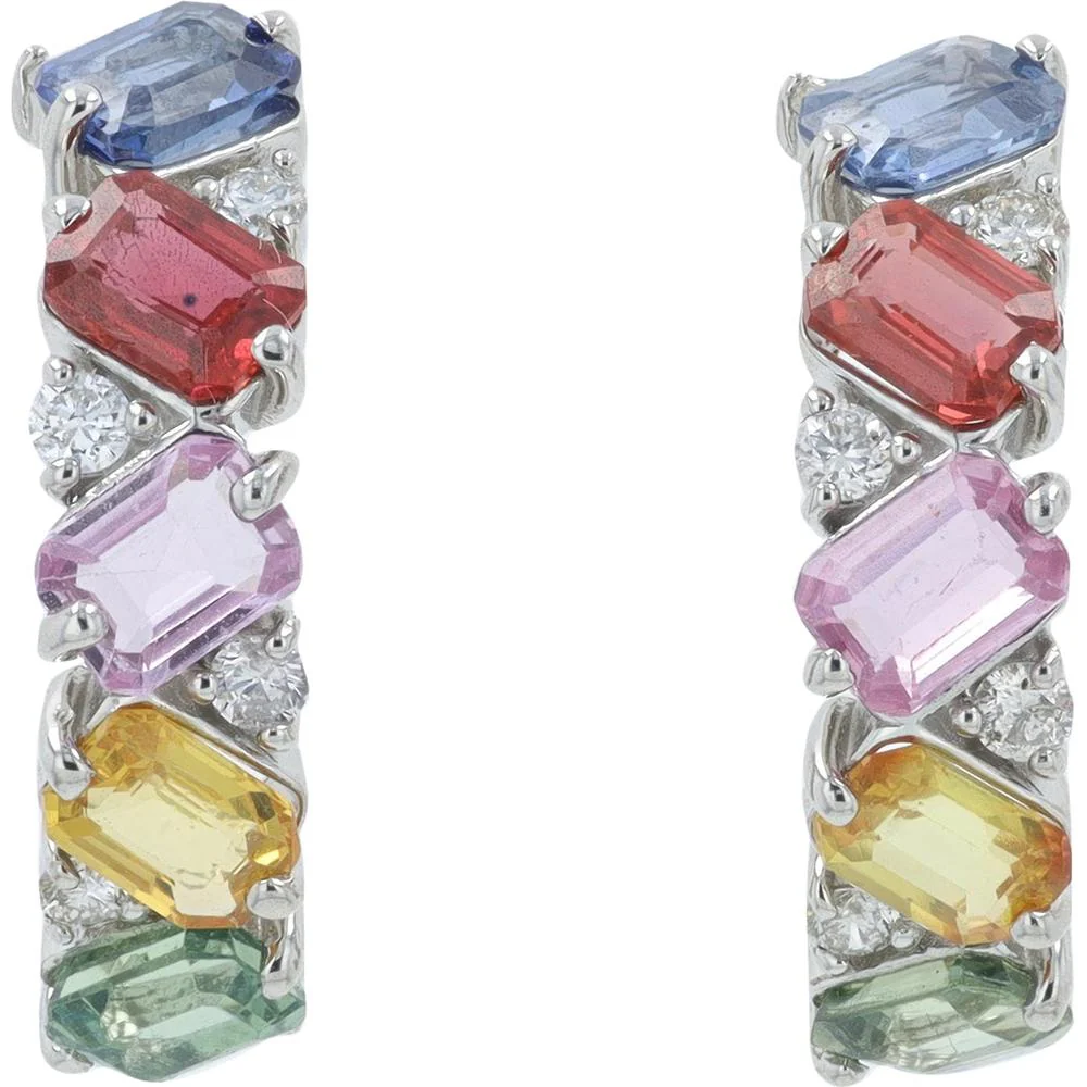 Platinum 2.54 Carat Total Weight Multi Sapphire C - Hoop Earrings with 0.20 Carat Diamond Accents - Image 3