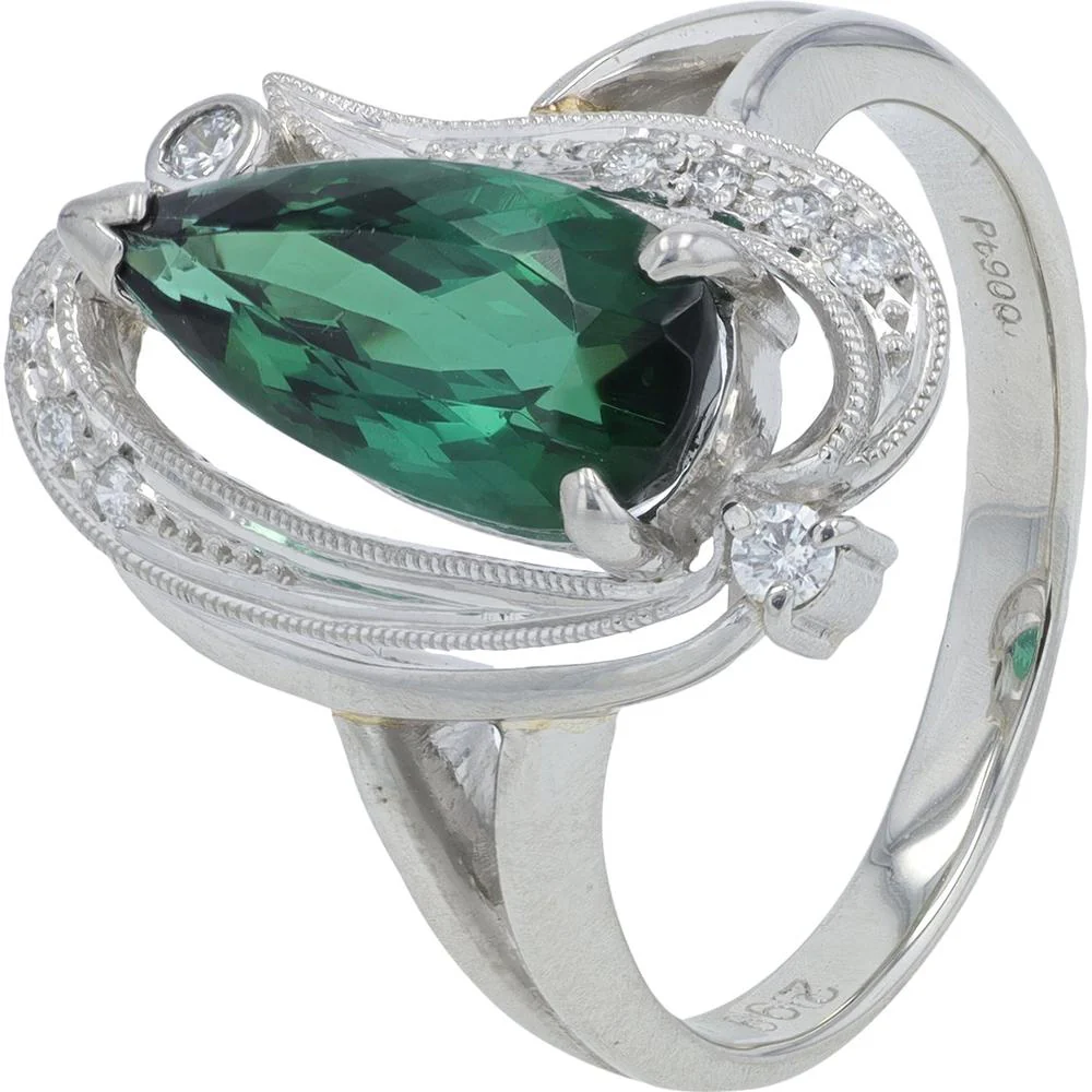 Platinum 2.99 Carat Green Tourmaline Ring with Diamond Accents - 0.13 Carat Total Diamond Weight