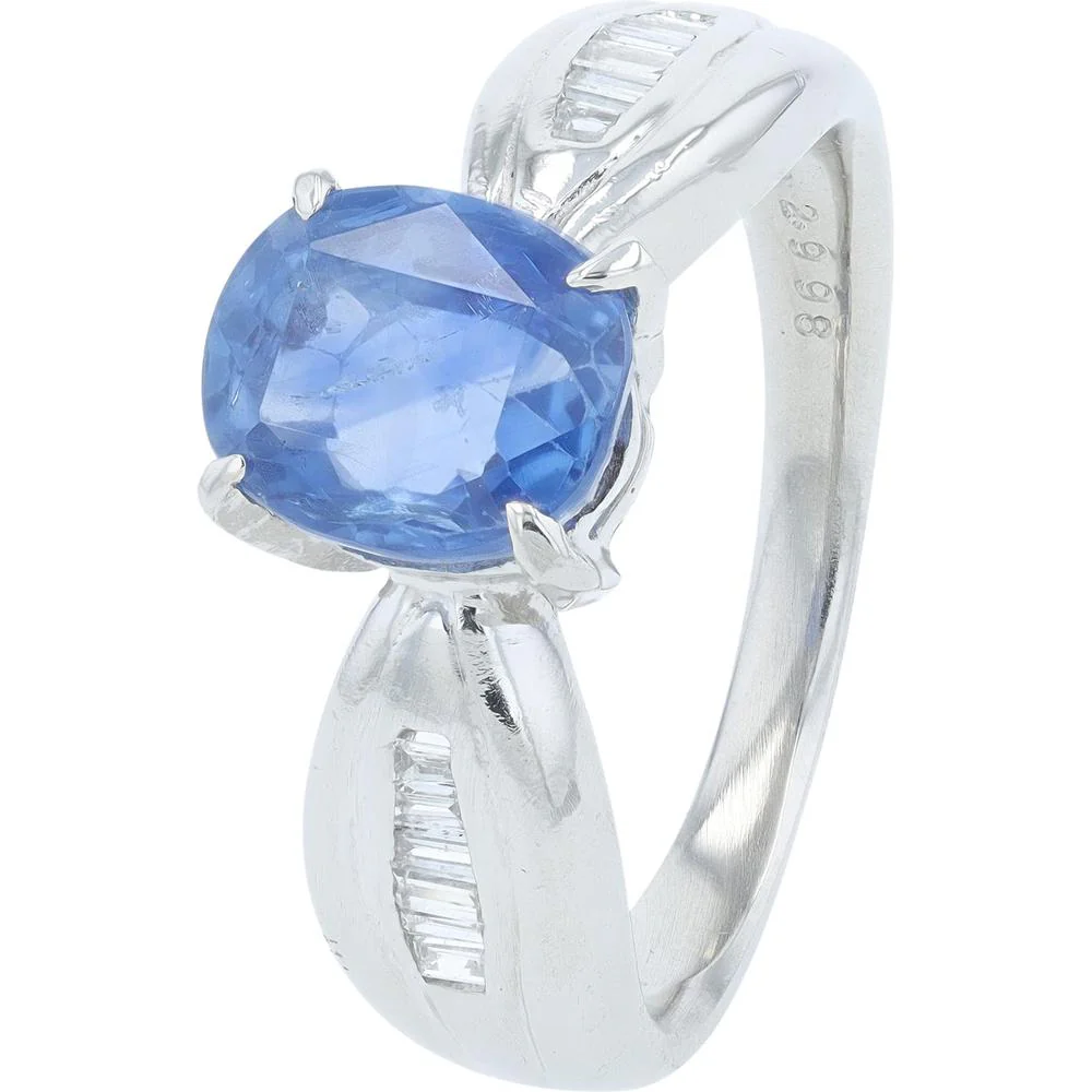 Platinum 2.99 Carat Sapphire Center Ring with Baguette Diamonds - 0.11 Carat Total Diamond Weight