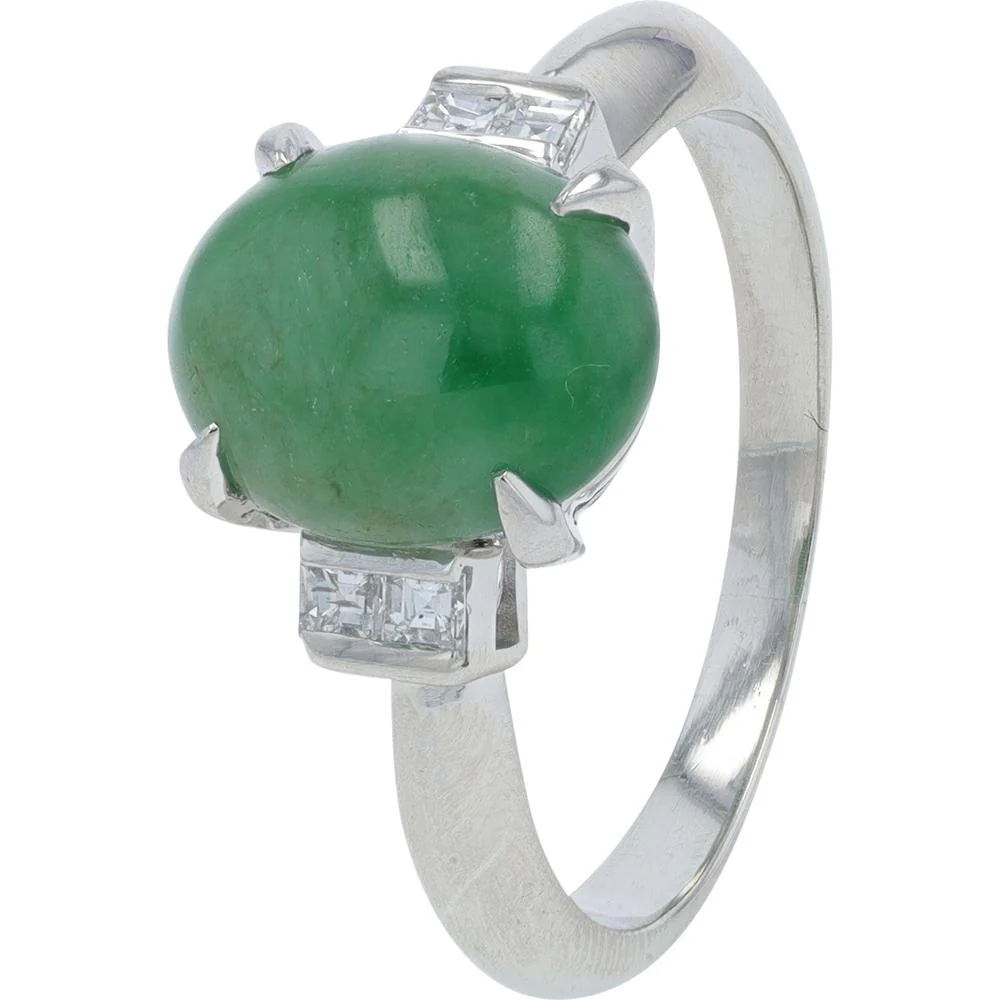 Platinum 3.33 Carat Jade Ring with 0.16 Carat Diamond Accents