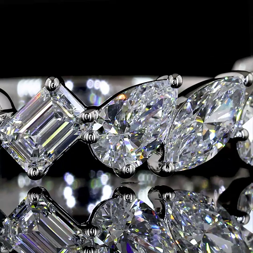 Platinum 3/4 Eternity Band with Inclined Mixed Shape Lab Diamonds (Pear, Oval, Marquise, Emerald) - 2.50 Carats Total Diamond Weight - Covaloro Fine Jewelry - Image 2