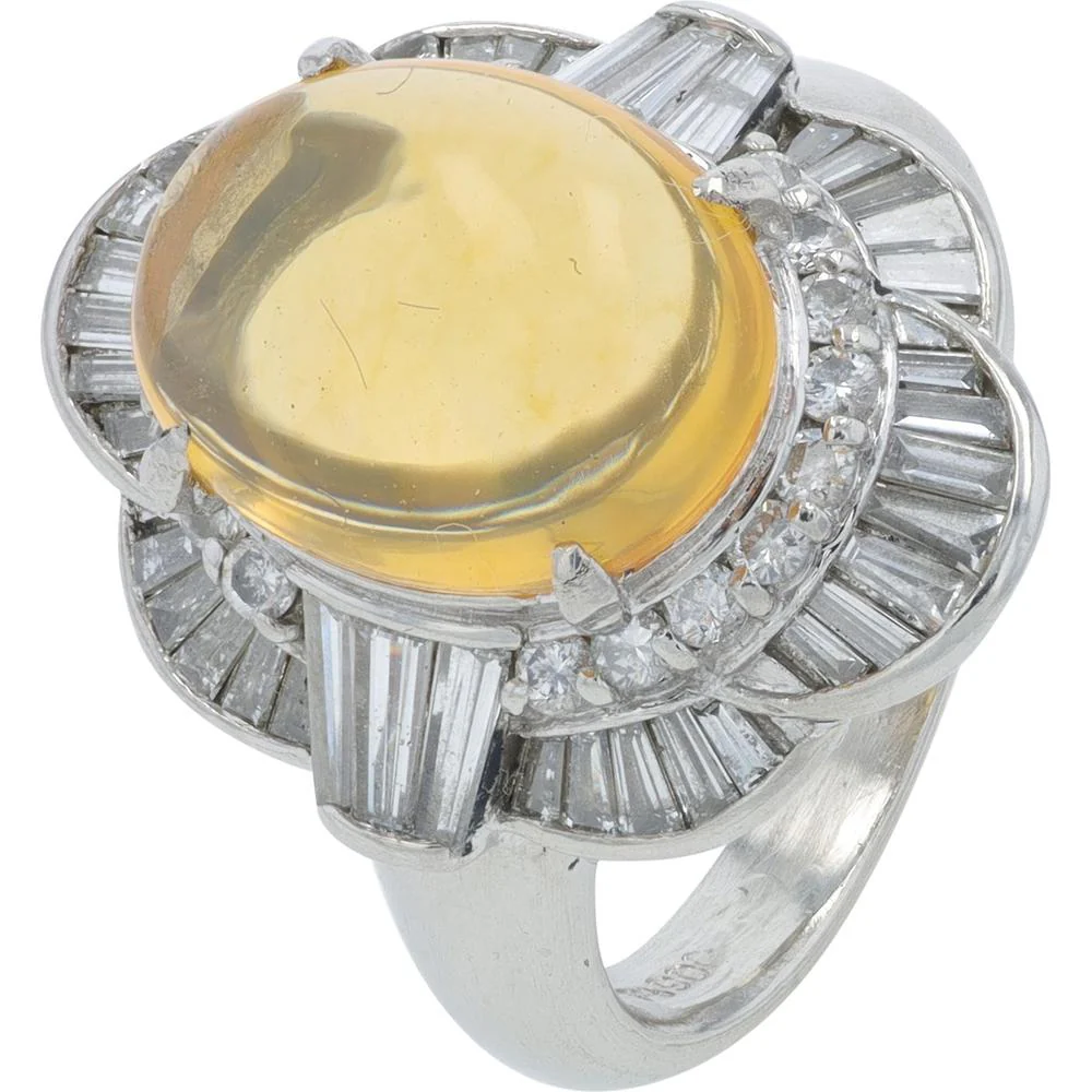 Platinum 3.458 Carat Fire Opal Ring with Baguette and Round Diamonds - 1.29 Carat Total Diamond Weight