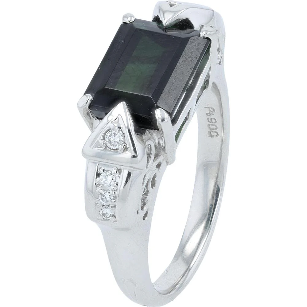Platinum 3.55 Carat Emerald Cut Green Tourmaline Ring with 0.08 Carat Diamond Accents