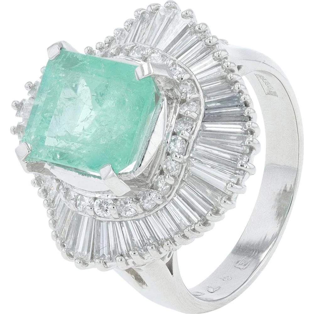 Platinum 3.79 Carat Colombian Emerald Ring with 2.05 Carats Baguette and Round Diamond Halo