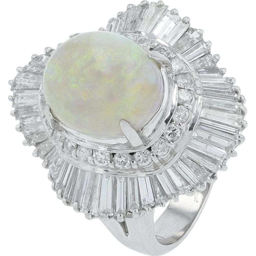 Platinum 3.91 Carat Opal Ring with 2.41 Carat Baguette Diamonds