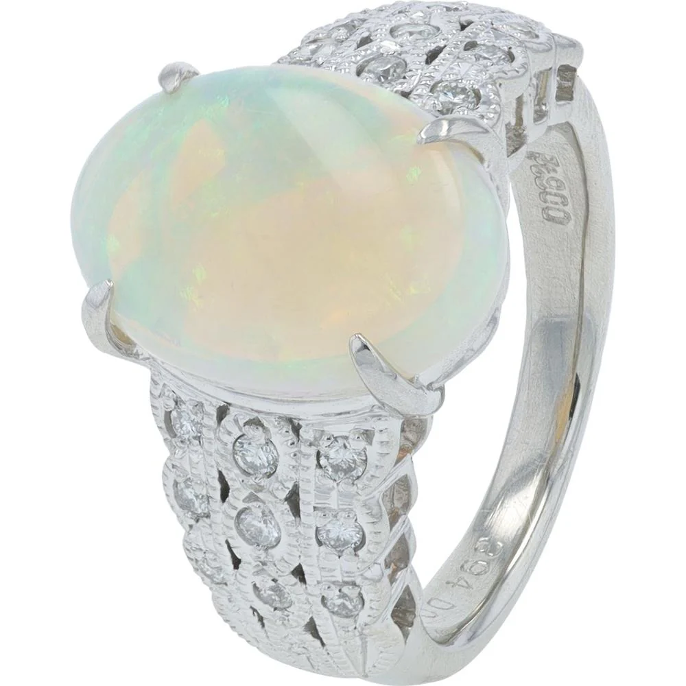 Platinum 3.94 Carat Oval Opal Ring with 0.20 Carat Diamond Accents