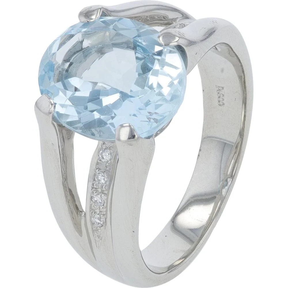Platinum 3 Carat Oval Blue Topaz Ring with 0.04 Carat Diamond Accents