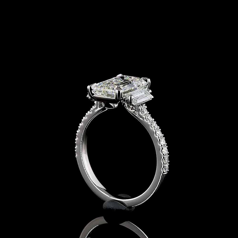 Platinum 3-Stone Hidden Halo Ring with 2.62 Carat Emerald Cut Lab Diamond and Baguette Side Stones - Total 3.38 Carat Diamond Weight - Covaloro Fine Jewelry - Image 3