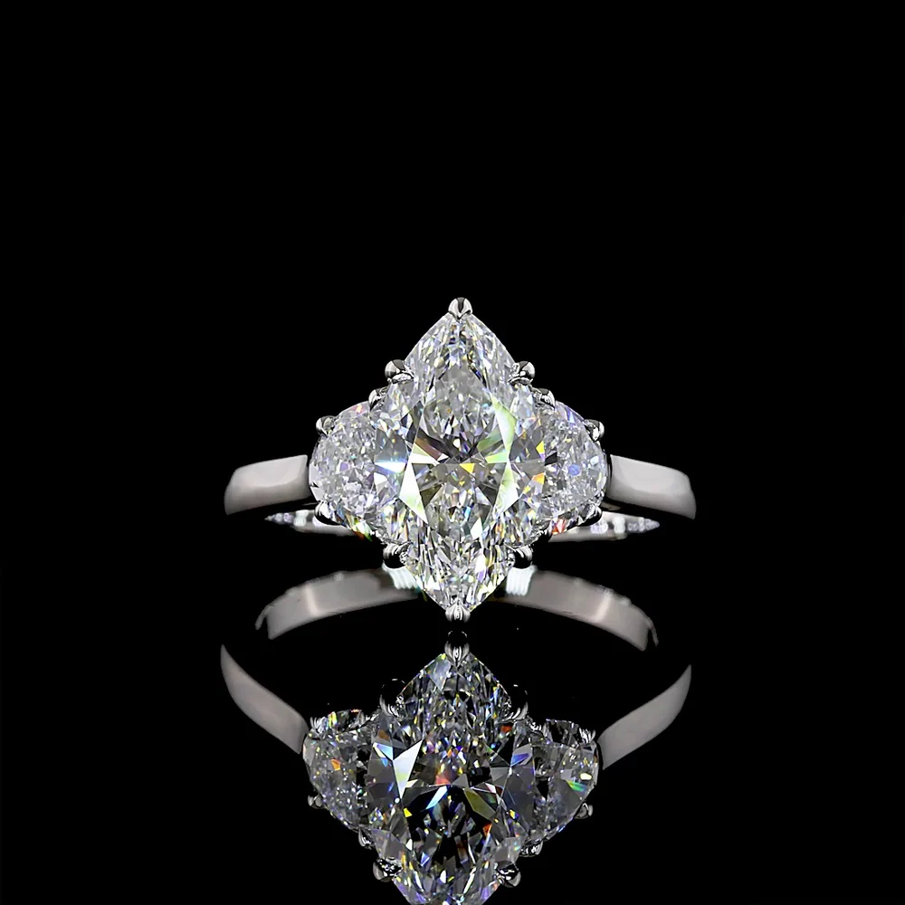 Platinum 3 Stone Ring with 2.04 Carat Marquise Cut Lab Diamond and Half-Moon Side Diamonds - 2.65 Carat Total Diamond Weight - Covaloro Fine Jewelry