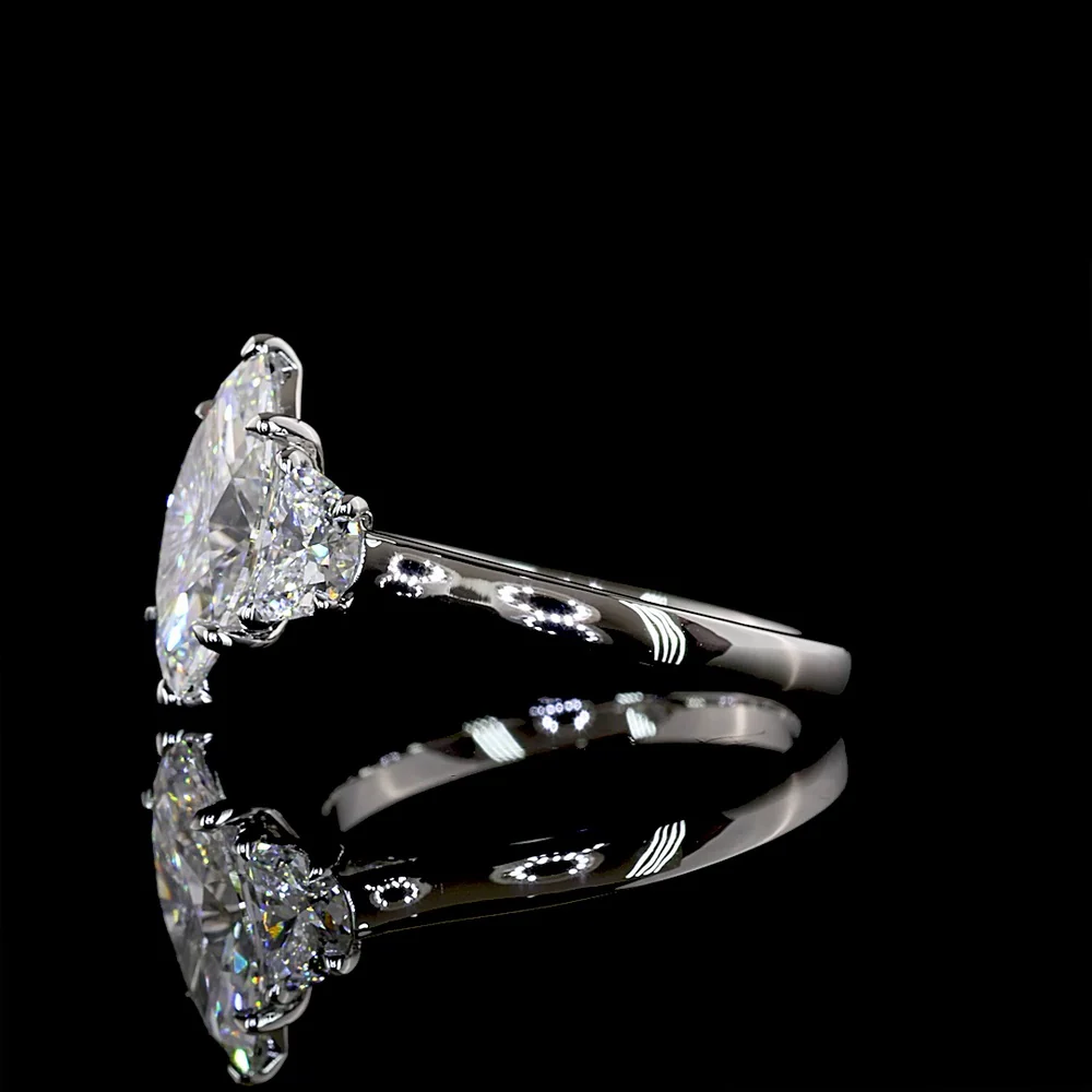Platinum 3 Stone Ring with 2.04 Carat Marquise Cut Lab Diamond and Half-Moon Side Diamonds - 2.65 Carat Total Diamond Weight - Covaloro Fine Jewelry - Image 3