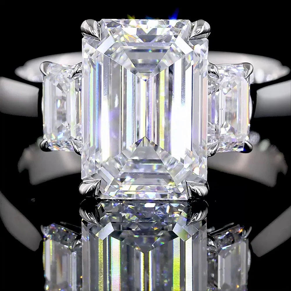 Platinum 3 Stone Ring with 3.01 Carat Emerald Cut Lab Diamond and 0.84 Carat Trapezoid Lab Diamonds - 3.85 Carat Total Weight - Covaloro Fine Jewelry - Image 3
