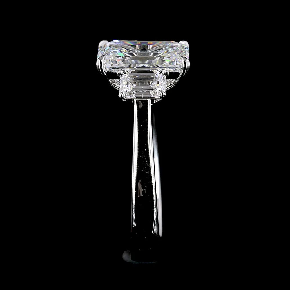 Platinum 3 Stone Ring with 3.01 Carat Emerald Cut Lab Diamond and 0.84 Carat Trapezoid Lab Diamonds - 3.85 Carat Total Weight - Covaloro Fine Jewelry - Image 4
