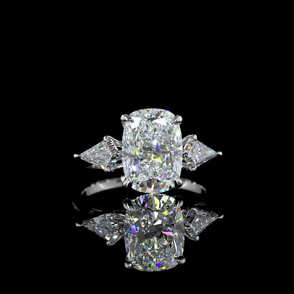 Platinum 3 Stone Ring with 3.12 Carats Cushion Brilliant Lab Diamond and Kite Side Stones - 3.80 Carats Total Diamond Weight - Covaloro Fine Jewelry