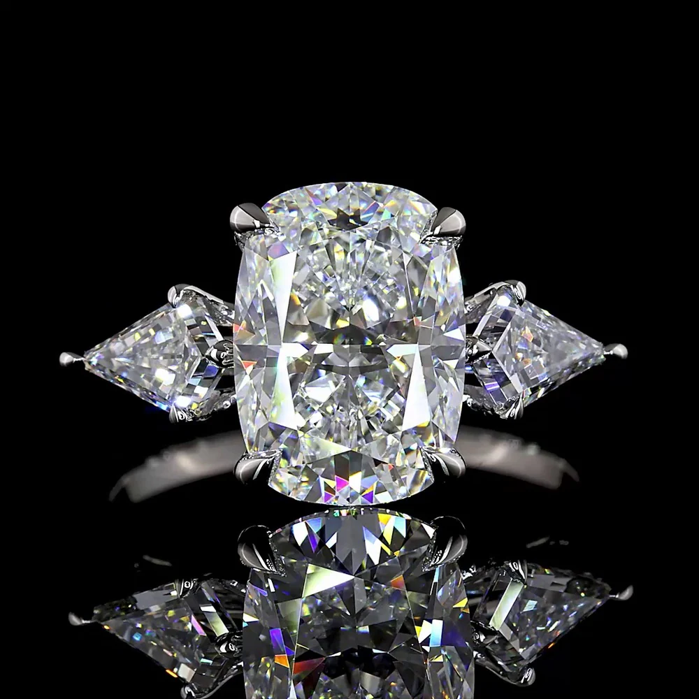 Platinum 3 Stone Ring with 3.12 Carats Cushion Brilliant Lab Diamond and Kite Side Stones - 3.80 Carats Total Diamond Weight - Covaloro Fine Jewelry - Image 2
