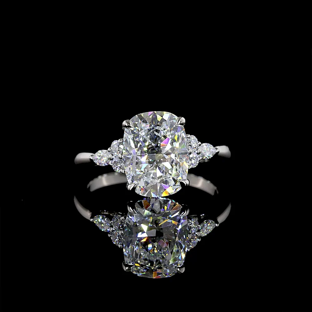 Platinum 3-Stone Ring with 3.43 Carat Cushion Brilliant Lab Diamond F VVS2 and Marquise & Round Side Diamonds - 3.67 Carat Total Weight - Covaloro Fine Jewelry