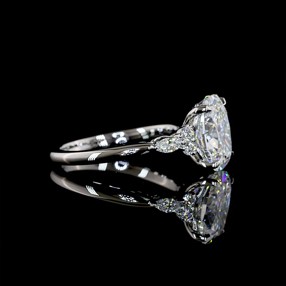 Platinum 3-Stone Ring with 3.43 Carat Cushion Brilliant Lab Diamond F VVS2 and Marquise & Round Side Diamonds - 3.67 Carat Total Weight - Covaloro Fine Jewelry - Image 2