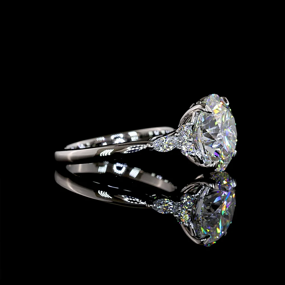 Platinum 3-Stone Ring with 4.51 Carats Round Brilliant Lab Diamond Center and Marquise & Round Accent Diamonds - 4.76 Carats Total Diamond Weight - Covaloro Fine Jewelry - Image 2