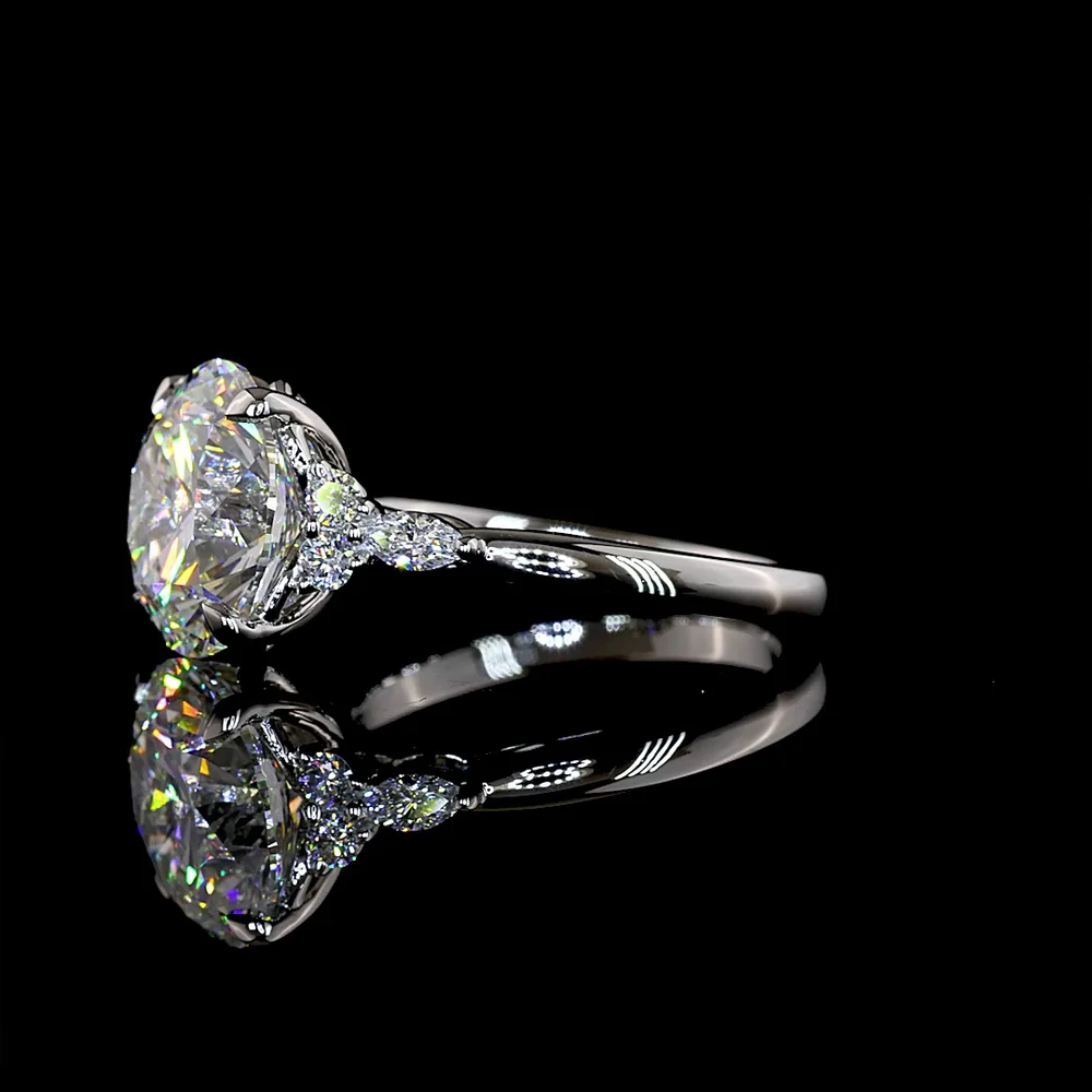 Platinum 3-Stone Ring with 4.51 Carats Round Brilliant Lab Diamond Center and Marquise & Round Accent Diamonds - 4.76 Carats Total Diamond Weight - Covaloro Fine Jewelry - Image 3
