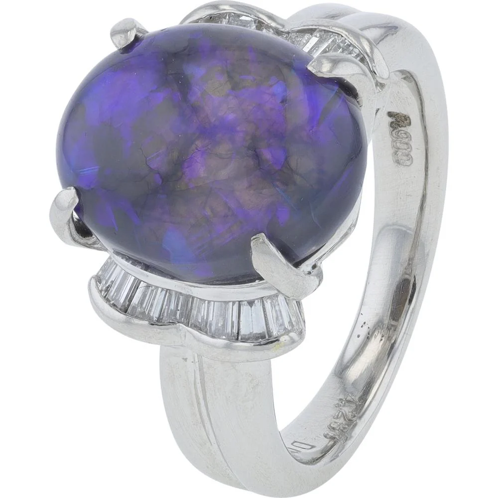 Platinum 4.28 Carat Opal Ring with Diamond Accents - 0.23 Carat Total Diamond Weight
