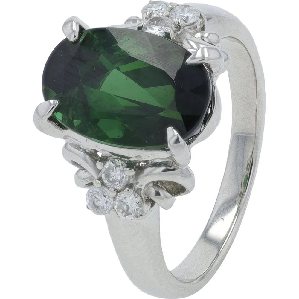 Platinum 4.28 Carat Oval Cut Tourmaline Ring with 0.20 Carat Diamond Accents