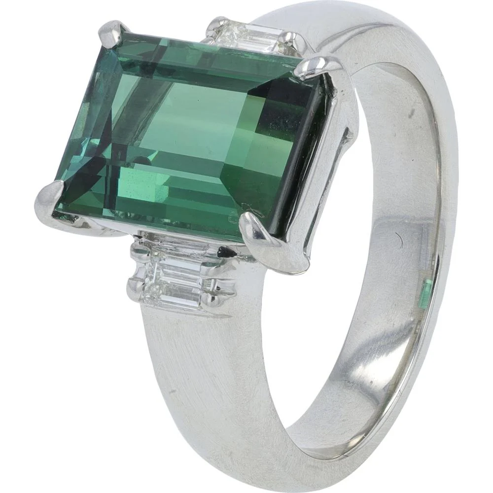 Platinum 4.62 Carat Green Tourmaline Ring with 0.22 Carat Baguette Diamonds