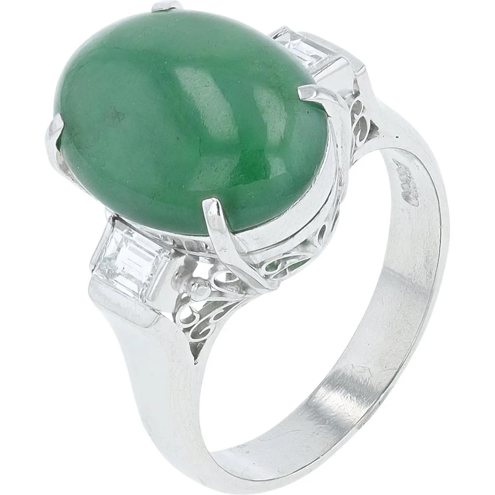 Platinum 5.53 Carat Oval Cabochon Jade Ring with 0.31 Carat Baguette Diamonds