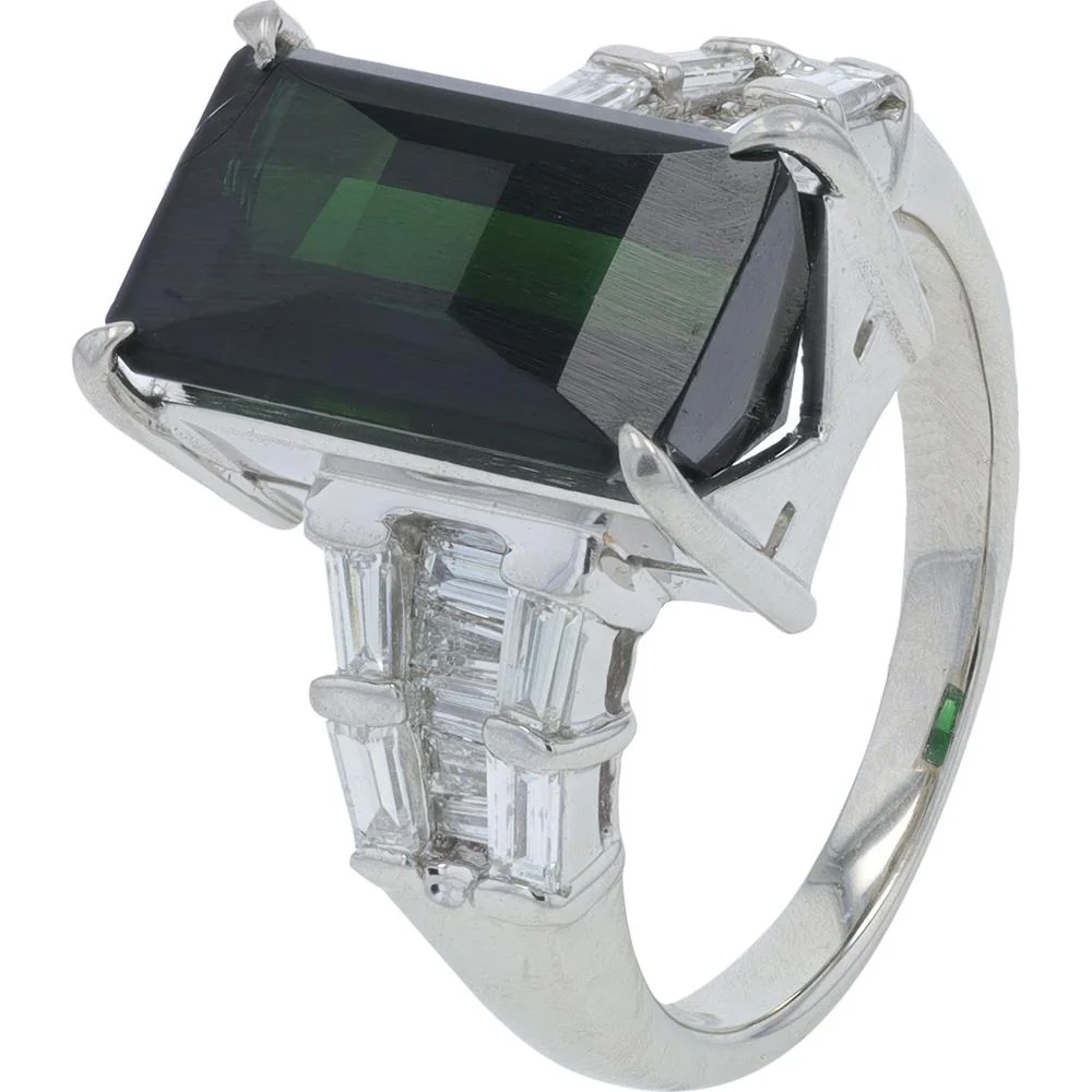 Platinum 5.57 Carat Rectangular Tourmaline Ring with 0.68 Carats Baguette Diamond Accents